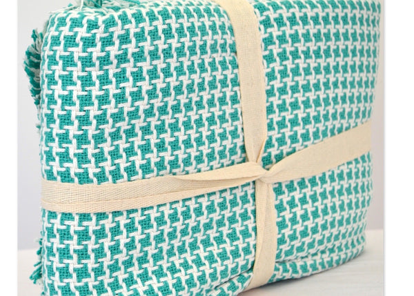 Green Cotton Throw Blanket White Soft Woven Waffle Soft 100% - DesignsEmporium