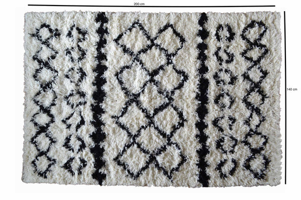 Shaggy Wool Rug 140cm x 200cm High Pile Black Cream Hand Woven Tufted Carpet - DesignsEmporium