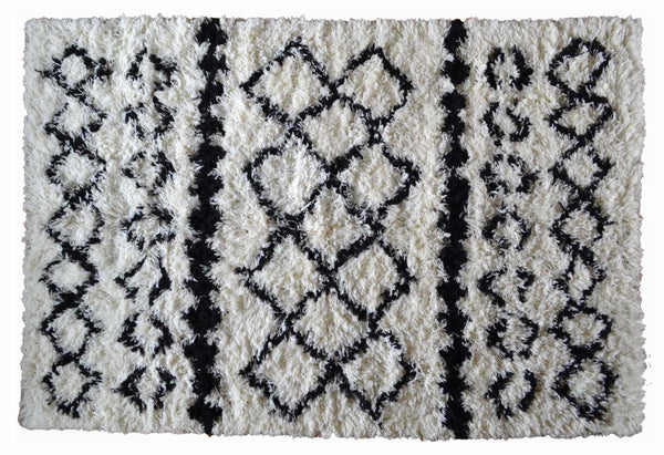 Shaggy Wool Rug 140cm x 200cm High Pile Black Cream Hand Woven Tufted Carpet - DesignsEmporium