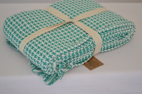 Green Cotton Throw Blanket White Soft Woven Waffle Soft 100% - DesignsEmporium