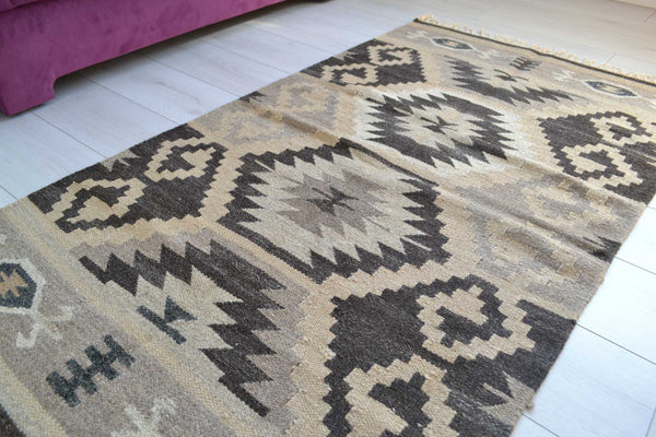 Kilim Rug Wool Indian 165x90cm Kelim Brown Beige Hand Woven Knotted 5.5ft x 3ft - DesignsEmporium