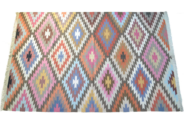 100% Cotton Kilim Rug Multicolour Geometric Diamond 6ft x 4ft Dhurrie 180cm x 120cm -Rug