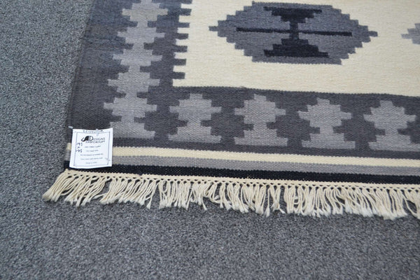 Kilim Rug Wool Indian 195cm x 145cm Kelim Cream Grey Hand Woven Knotted 6.5ft x 5ft -Rug