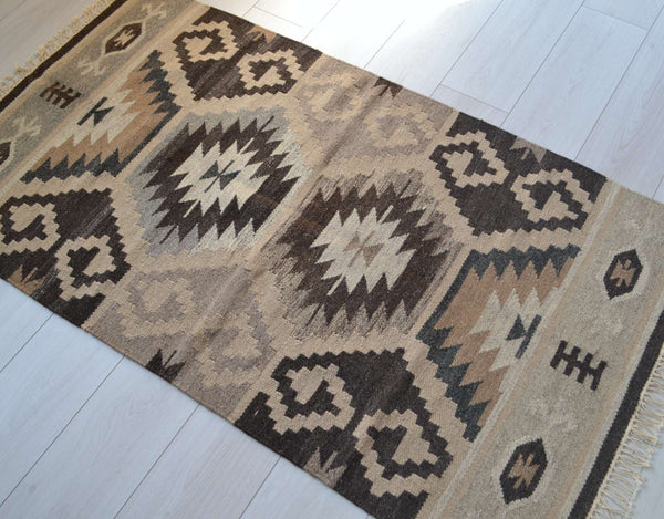 Kilim Rug Wool Indian 165cm x 90cm Kelim Brown Beige Hand Woven Knotted 5.5ft x 3ft -Rug
