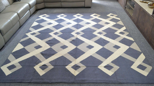 10ft Navy Grey Wool Kilim Rug 240cm x 300cm Kelim Hand Woven Knotted 8ft x 10ft -Rug