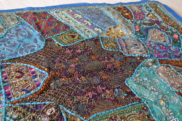 Tapestry Aqua Wall Hanging Recycled Vintage Sari - DesignsEmporium