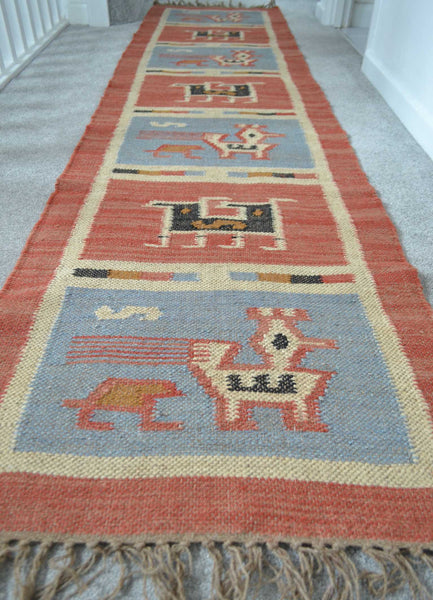 Kilim Rug Birds Wool Jute Indian Handmade - Designs Emporium
