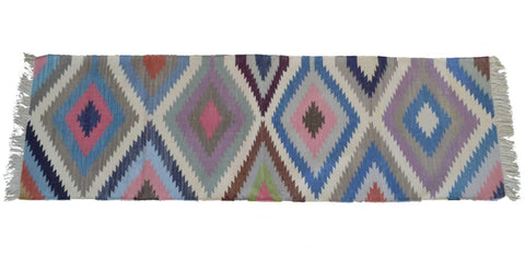Cotton Kilim Runner Rug Indian 60x180cm 2x6' Kelim Pink Blue Hand Woven Boho - DesignsEmporium