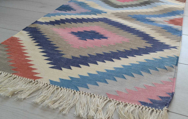 Cotton Kilim Runner Rug Indian 60x180cm 2x6' Kelim Pink Navy Hand Woven Boho - DesignsEmporium