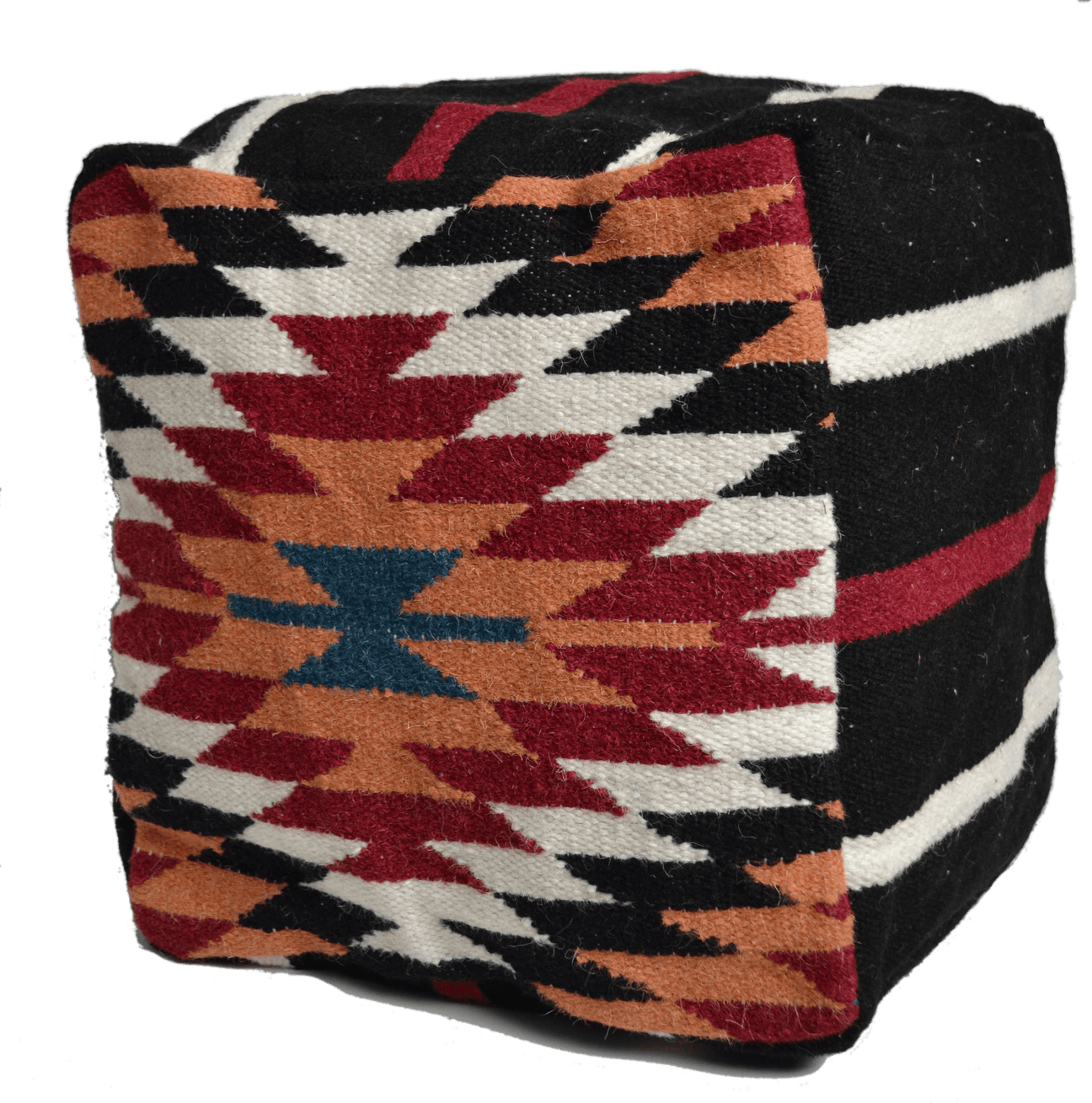 Square wool kilim pouffe cover with a colourful diamond top and red and white striped sides