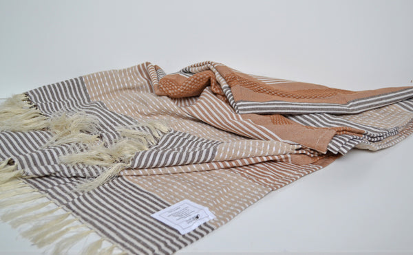 Ribbed Cotton Stripe Throw Cotton Bed Sheet Cover Natural Beige Grey - DesignsEmporium