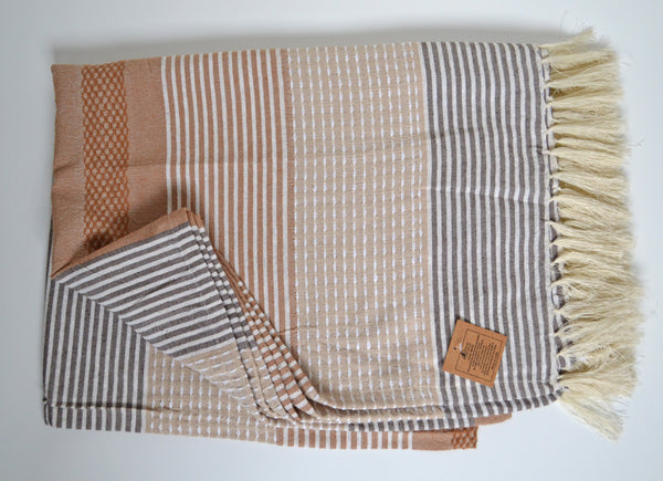 Ribbed Cotton Stripe Throw Cotton Bed Sheet Cover Natural Beige Grey - DesignsEmporium