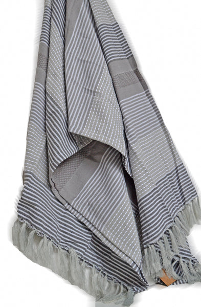 Ribbed Stripe Cotton Throw Blanket Bed Sheet Cover Natural Grey - DesignsEmporium