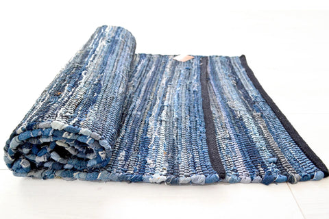 Eco Denim Rugs Runner Chindi Blue Navy Cotton RagsRecycled - DesignsEmporium