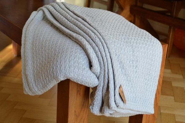 Large Knitted Throw Blanket Grey Soft Waffle Cotton - DesignsEmporium