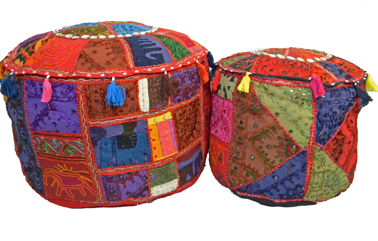 Round recycled fabric pouffe cover with colourful patchwork, embroidery and shell details