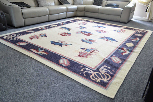 10ft Nautical Wool Kilim Rug 240cm x 300cm Kelim Fish Navy Theme Hand Woven Knotted 8ft x 10ft -Rug