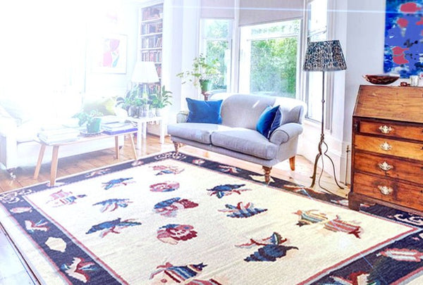 10ft Nautical Wool Kilim Rug 240cm x 300cm Kelim Fish Navy Theme Hand Woven Knotted 8ft x 10ft -Rug