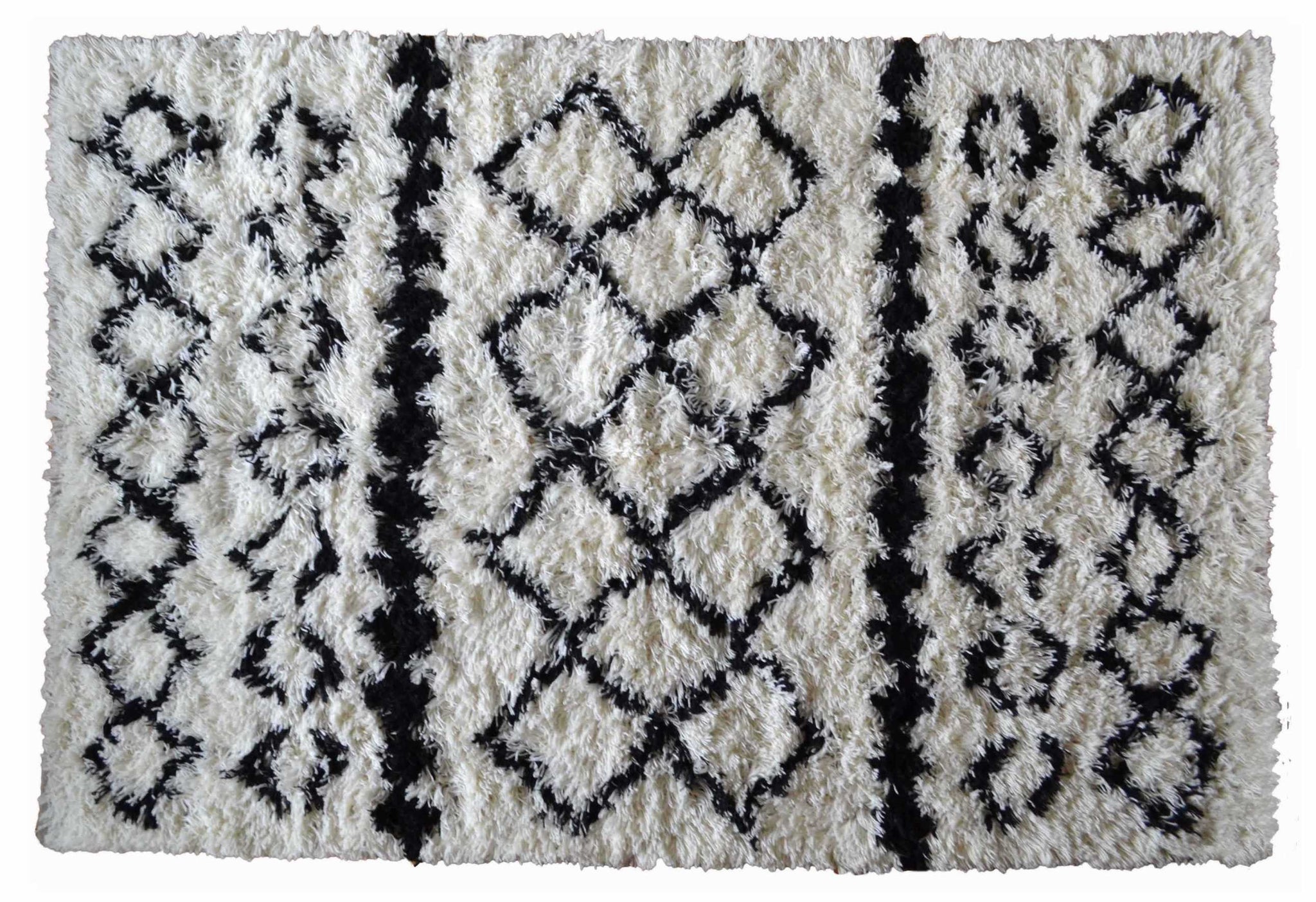 Shaggy Wool Rug 140cm x 200cm High Pile Black Cream Hand Woven Tufted Carpet - DesignsEmporium