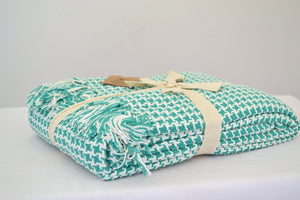 Green Cotton Throw Blanket White Soft Woven Waffle Soft 100% - DesignsEmporium