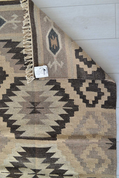 Kilim Rug Wool Indian 165x90cm Kelim Brown Beige Hand Woven Knotted 5.5ft x 3ft - DesignsEmporium
